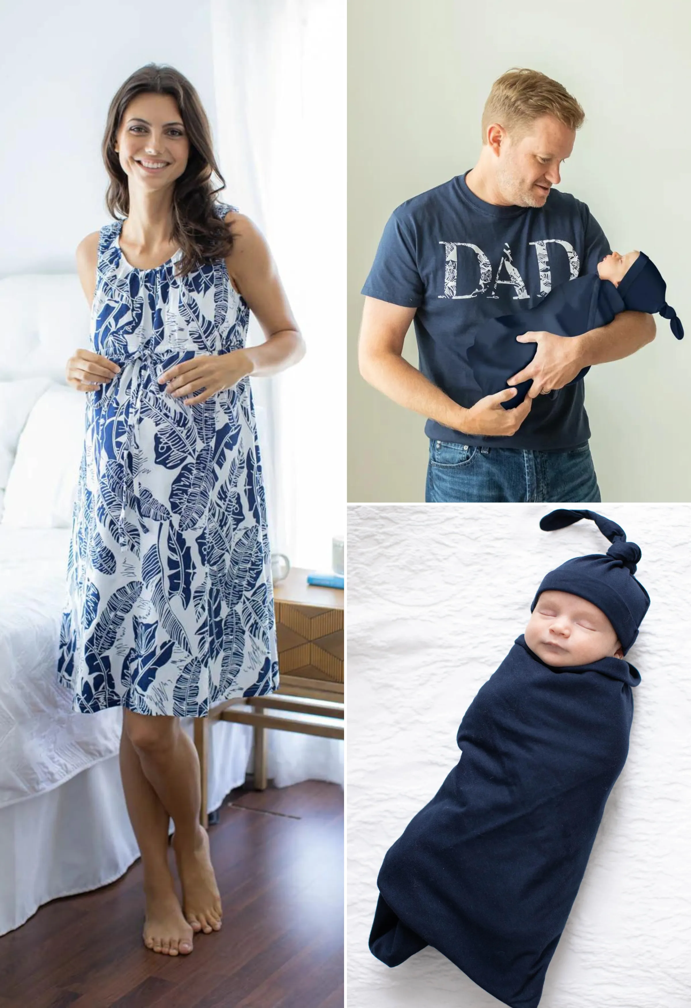 Serra Labor Gown & Navy Swaddle Set & Dad T-Shirt