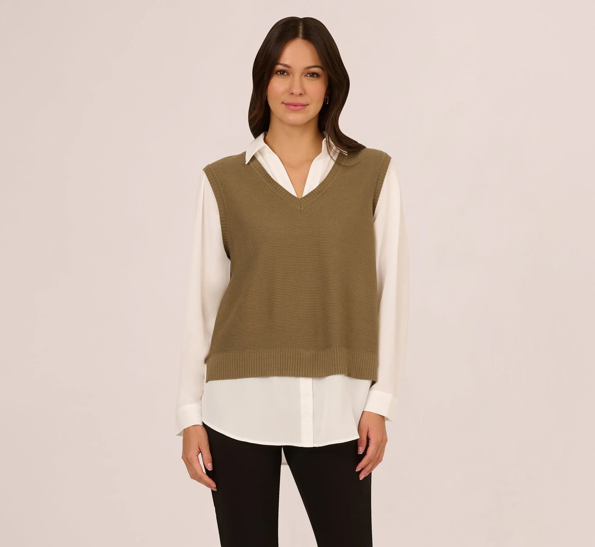 Sweater Vest Collared Twofer Shirt In Smokey Olive Ivory