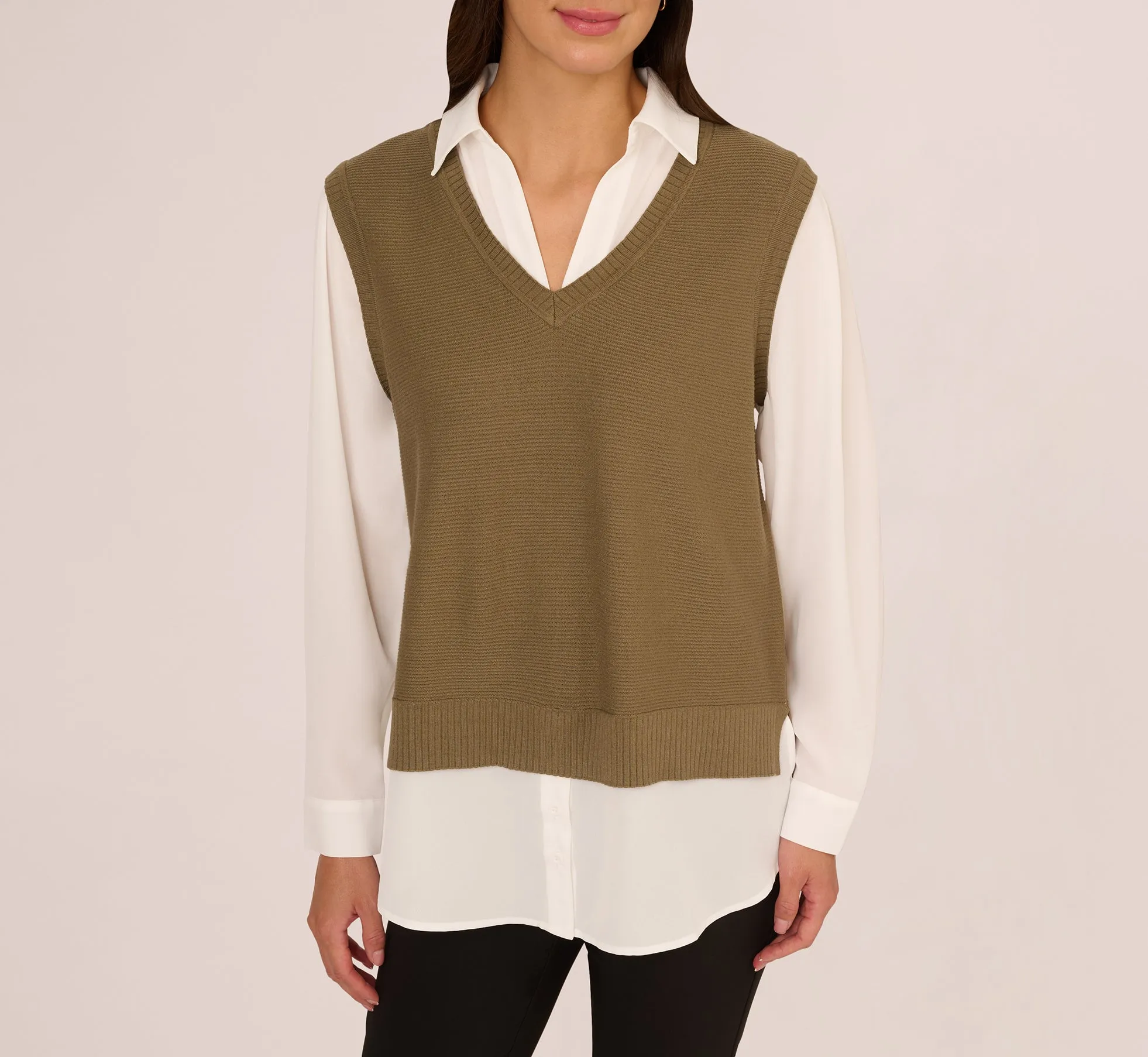 Sweater Vest Collared Twofer Shirt In Smokey Olive Ivory