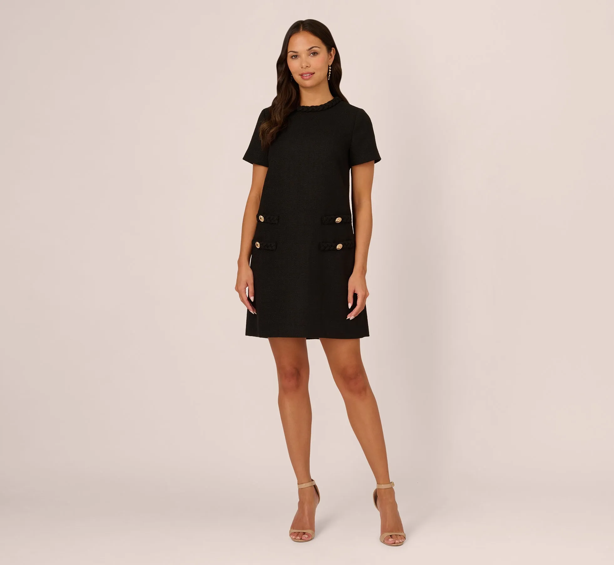 Tweed Sheath Dress With Short Sleeves In Black