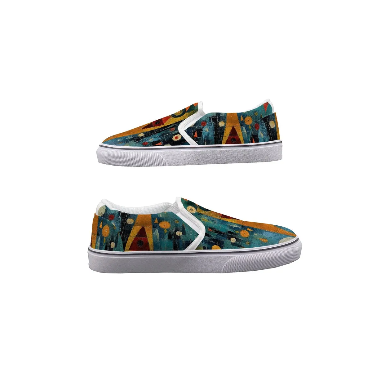 Women's Slip On Sneakers 226 teal, and gold abstract