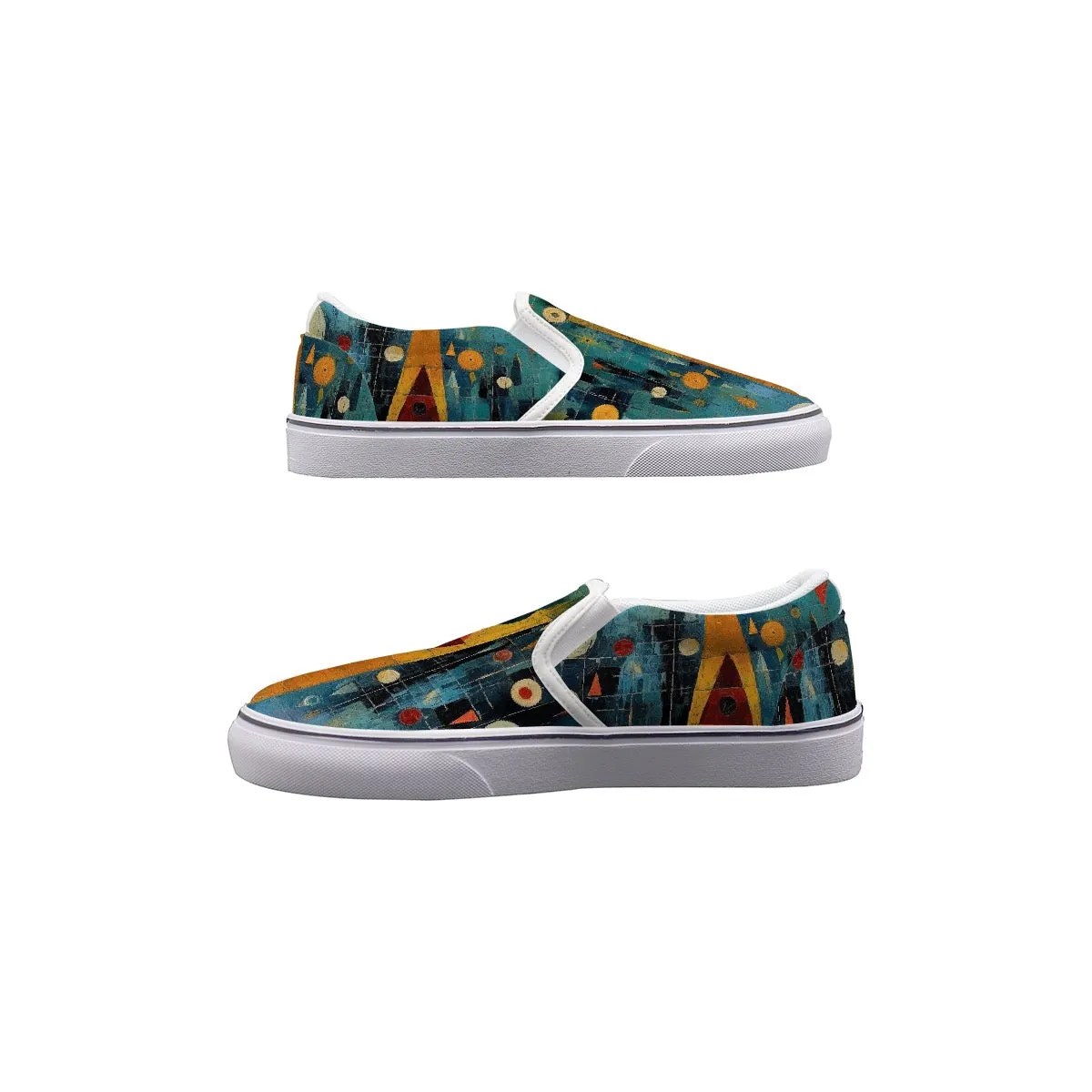 Women's Slip On Sneakers 226 teal, and gold abstract