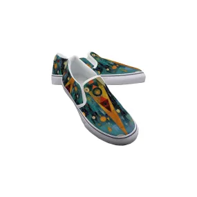 Women's Slip On Sneakers 226 teal, and gold abstract